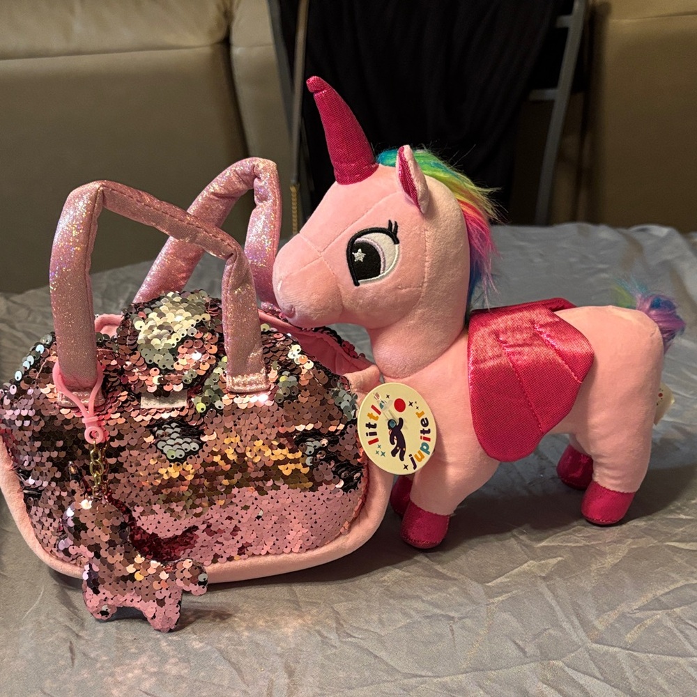 Pink Unicorn Plush with Sequin Carry Bag - Kids Stuffed Animal Set